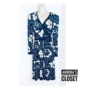 Tracy Reese M Blue Floral Dress Long Sleeve V Neck Knee Keyhole Back NWT $245